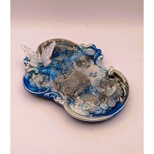 Handcrafted Resin Jewelry Dish With Butterfly Accent-Blue & Silver Swirl Design